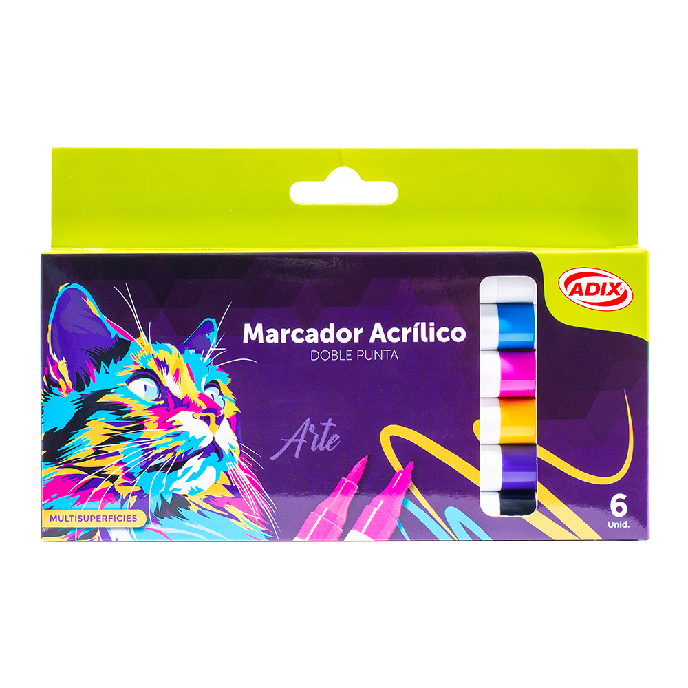 Marcador Acrílico Punta Brush/Fina 6 Colores ADIX - Imagen 1 - Insumos Arcadia