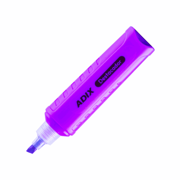 Punta de resaltador escolar ADIX con cuerpo en color morado y tinta fluorescente, ideal para destacar textos importantes en libros y notas.