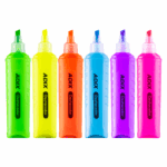 Colores de resaltadores fluorescentes en tonos verde, amarillo, naranja, azul, morado y rosa, ideales para estudio, oficina y resaltado de textos importantes en papel.