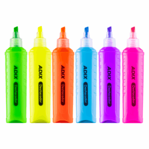 Colores de resaltadores fluorescentes en tonos verde, amarillo, naranja, azul, morado y rosa, ideales para estudio, oficina y resaltado de textos importantes en papel.