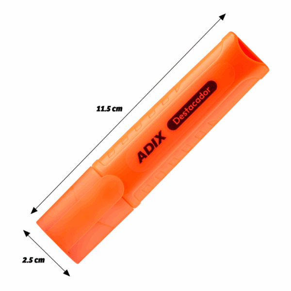 Lápiz corrector en color naranja con dimensiones de 11.5 cm de largo y 2.5 cm de grosor, marca ADIX, con función de destacador o resaltador en un diseño compacto y ergonómico.